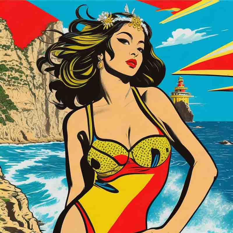 Pop art painting of a sensual ibiza woman in a red and yellow swimsuit in front of the ibiza rugged coastline