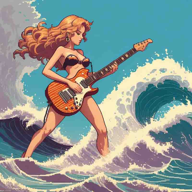 oman playing electric guitar on a wave, showcasing her musical talent and connection with nature