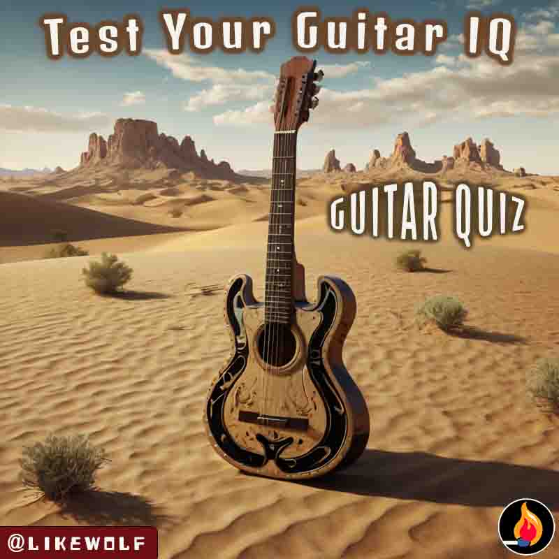 A solitary guitar rests on the sandy desert floor, surrounded by scattered rocks under a clear blue sky.