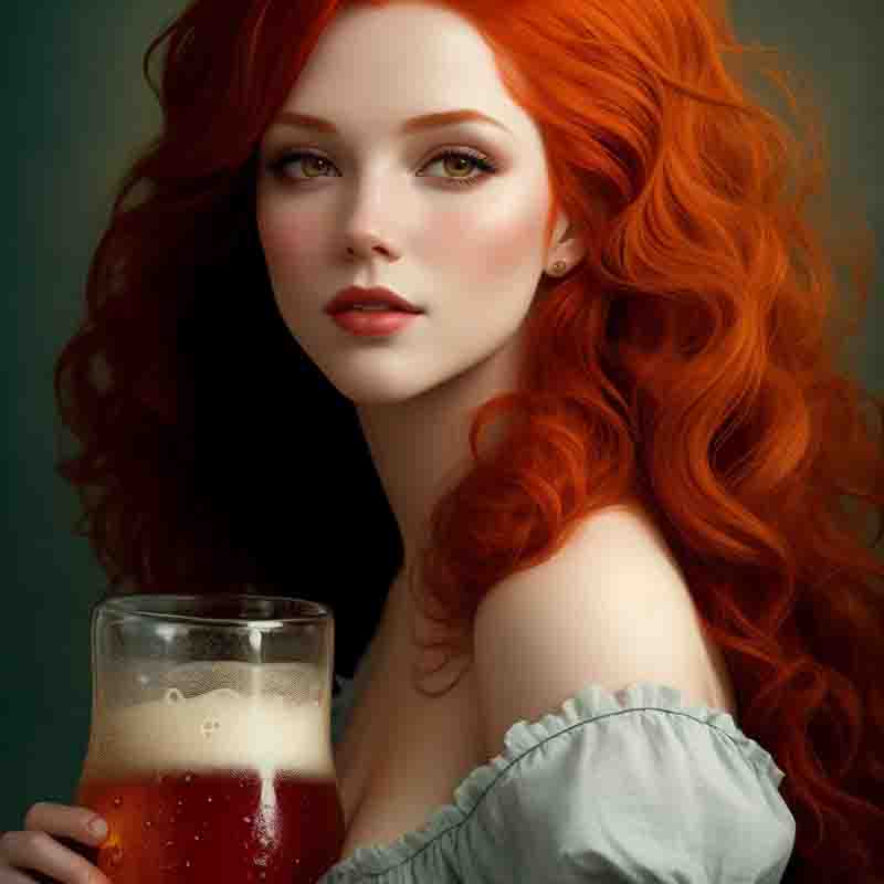 image of a woman with long red hair holding a glass of beer. She is wearing a white off-the-shoulder blouse. The beer is in a large glass mug and has a white head on it. The background is a dark teal color.