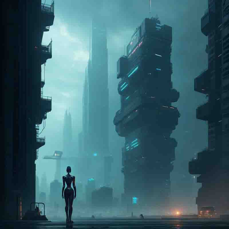 AI woman stands in front of a tall building in a futuristic cityscape.