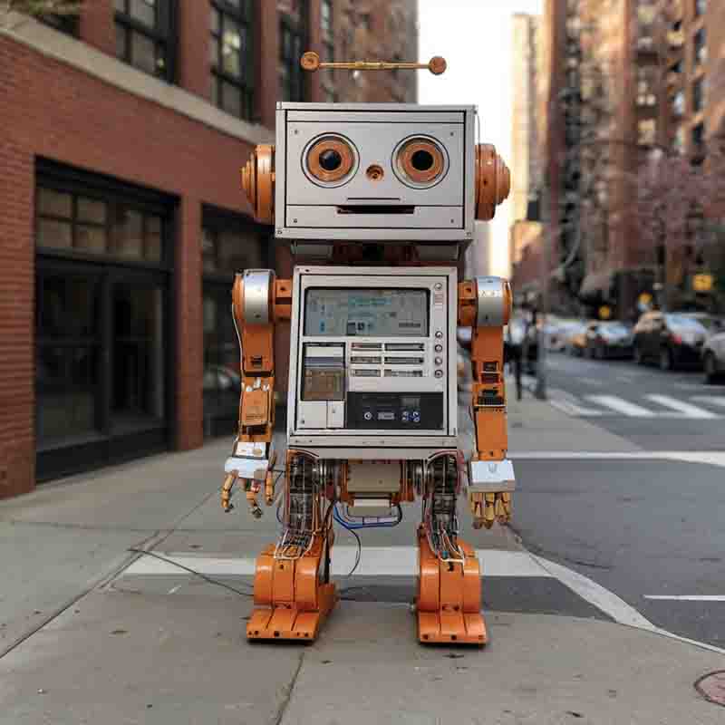 AI is here An AI robot stands on the sidewalk, observing the street scene around it.