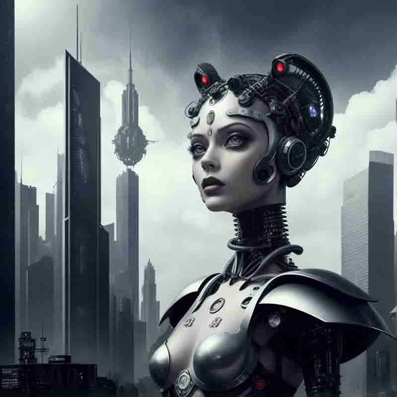 AI Muse in a futuristic city with a robot head, showcasing the blend of human and machine.
