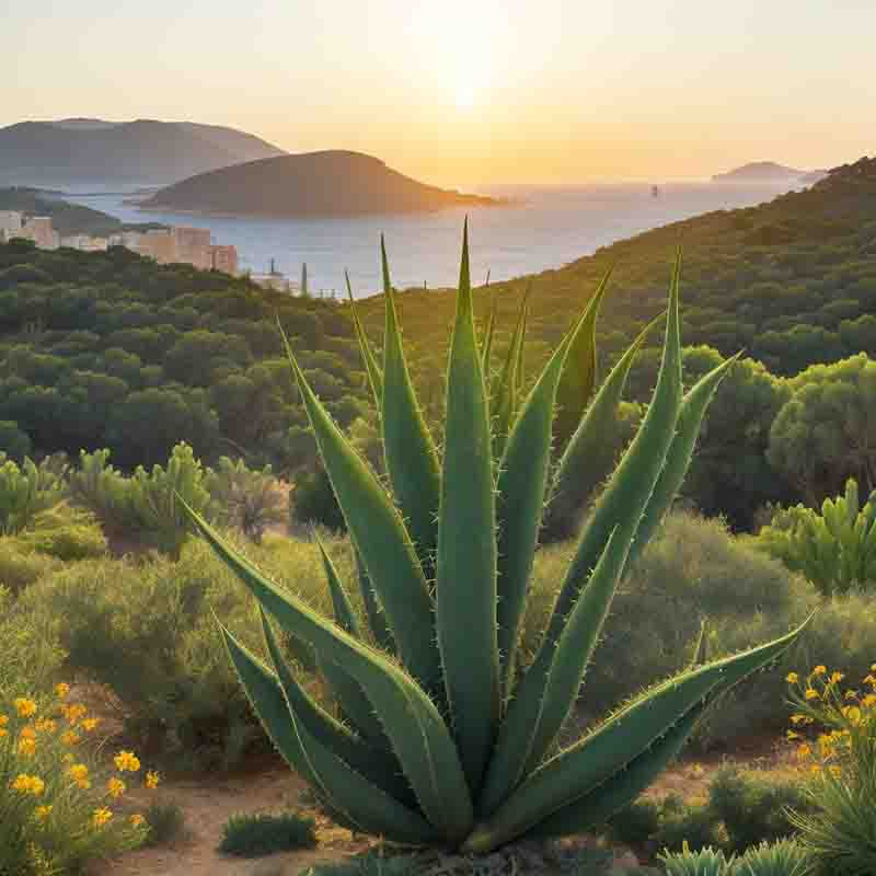 Aloe Vera Plant during beautiful sunset in Ibiza with vibrant orange and pink hues reflecting on the water.