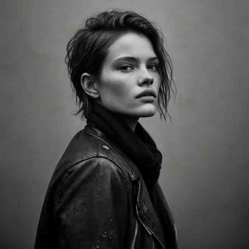 Alternative rock model in a leather jacket striking a pose for a black and white photograph.