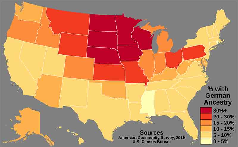 Americans with German Ancestry by state according to the U.S. Census Bureau's American Community Survey in 2019