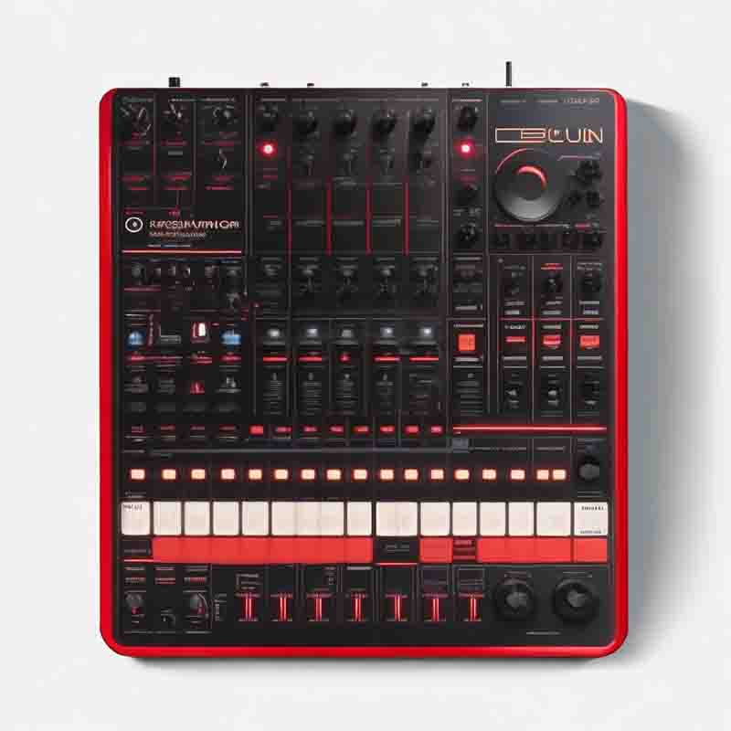 A vibrant red and black drum machine.