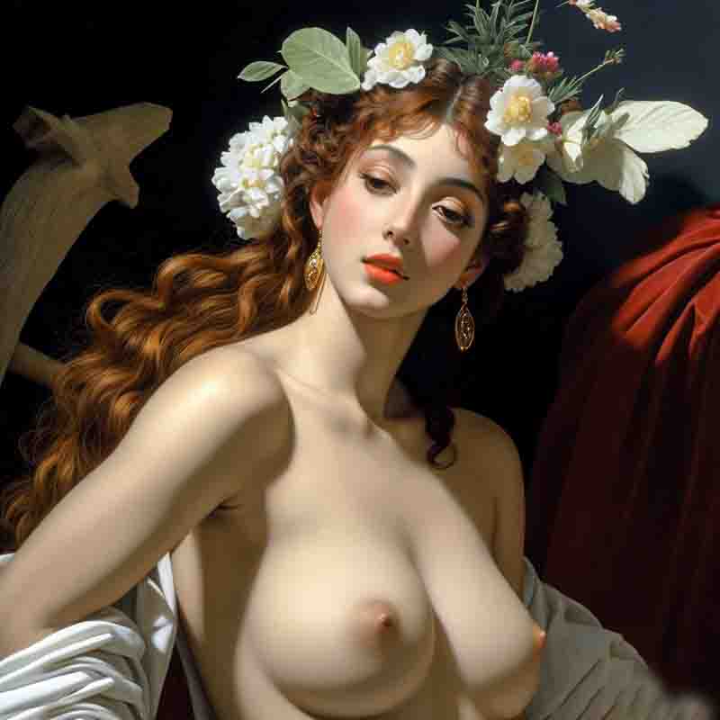 Classic nude fine art of a ancient goddess with red lips. She wears flowers on her head and has god brown long hair.