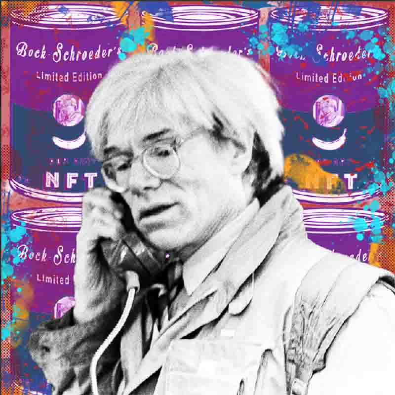 Photo of a Andy Warhol set against a colorful background. The background is a collage of purple, blue, and orange colors with text that reads Bock Schroeder Limited Edition and NFT Limited Edition.
