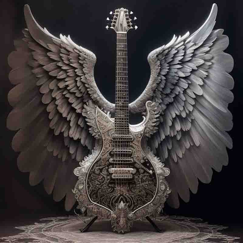Electric guitar with angel wings. The wings are spread out wide, and they give the guitar a sense of power and majesty.