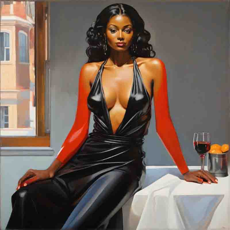 Intriguing artwork: a woman in a black dress seated on a table, emanating an aura of allure and grace.