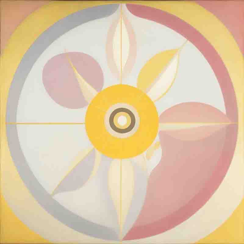 Painting of a circle with a yellow center. The painting is done in a minimalist digital age style, with simple shapes and a limited palette of colors.
