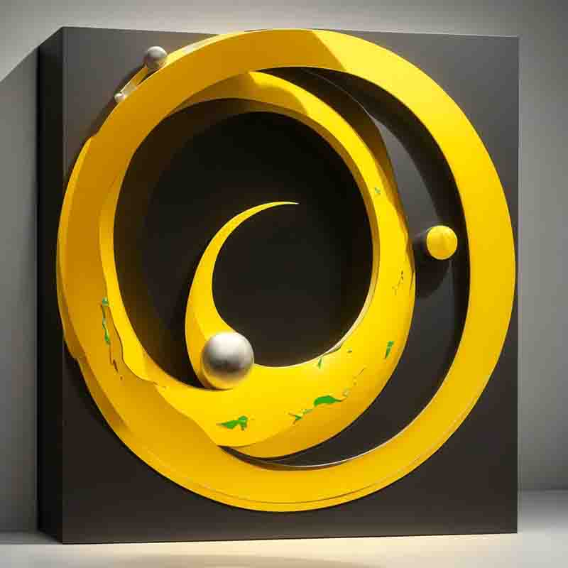 A sculpture featuring a circular design in yellow and black colors, showcasing an artistic blend of shapes and textures.