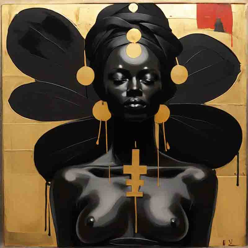 A painting of a black woman adorned with gold and black paint, showcasing her beauty and strength.