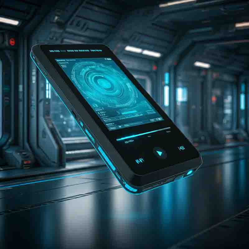 Artificial Intelligence AI A sleek, futuristic mobile phone displayed in a high-tech space environment with glowing elements and advanced AI technology.