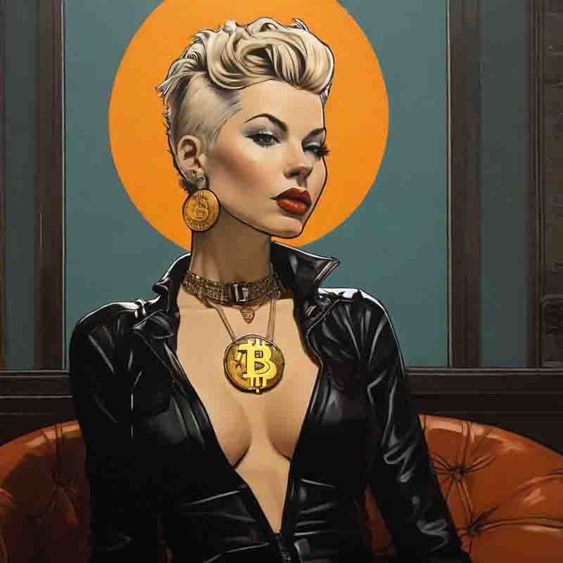 A painting of a woman in leather attire, adorned with a gold bitcoin necklace, exuding elegance and style.