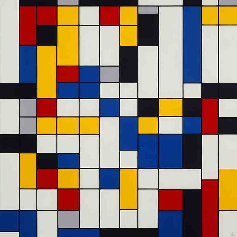 A pop art painting of squares in red, yellow, blue, and black, showcasing a vibrant and contrasting color palette.