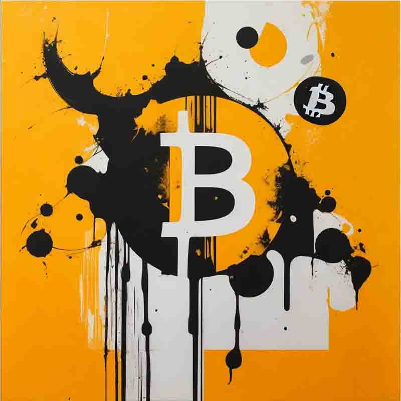 Artistic representation of the Bitcoin symbol. The symbol is made up of two capital B letters, one stacked on top of the other. The top B is black and the bottom B is yellow. The background of the painting is yellow.