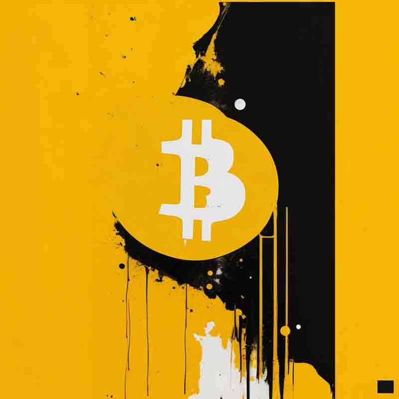 Digital art piece of the iconic Bitcoin logo on a yellow background. The Bitcoin logo is a white. The background is yellow organge Bitcoin color