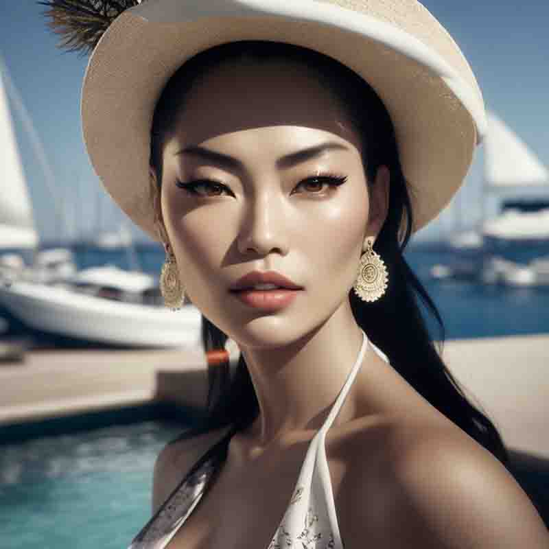Asian Sensual Woman standing in front of Ibiza Marina filled with boats. She is wearing a white hat and golden earrings. The location is the Ibiza marina.