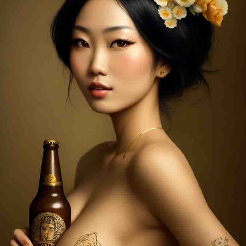 A beautiful sensual Asian woman in front of a golden brown setting holding a a bottle of beer.