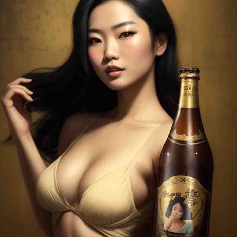 A beautiful sensual Asian woman in front of a golden brown setting with a bottle of beer