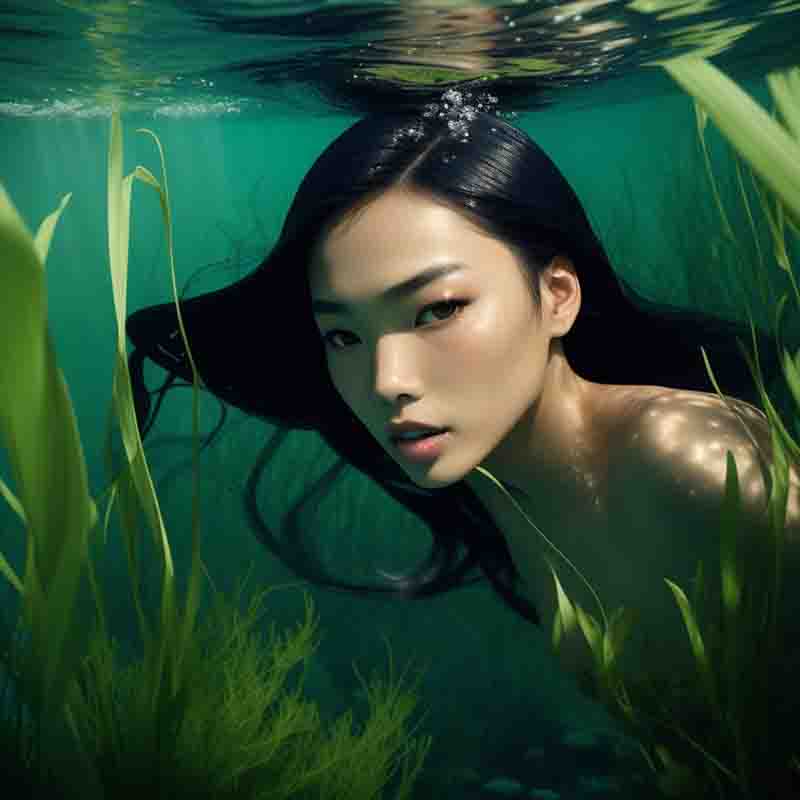 Asian mermaid swimming underwater in a greenish-blue body of water. The backdrop is a serene blend of green Ibiza Posidonia Oceanica Seagrass Meadows plants swaying gently with the water’s current, and the blue water that surrounds her. 