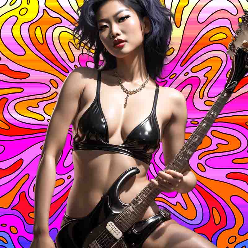 Asian Rock babe in seductive pose with electric guitar with psychedelic background
