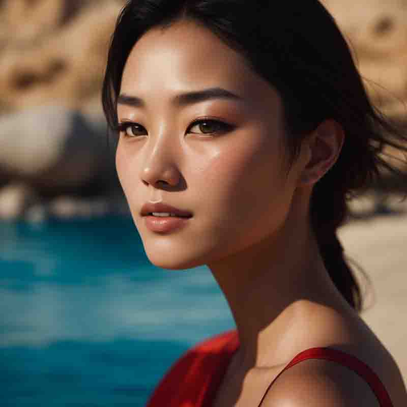 Portrait of an Asian Wellness and Healing Model. The background is an Ibiza beach scene with blue water and rocks, suggesting a relaxed and serene environment.