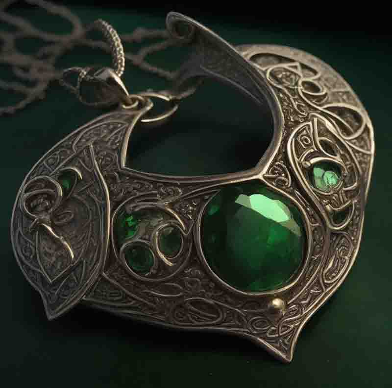 Close-up of a Celtic necklace with a green stone. The stone has a deep green color and is highly polished. It is set in a simple pendant and hangs on a delicate silver chain. The jewelry is slightly curved and tapers to a point at the bottom. The stone is in the center of the pendant and is surrounded by a thin silver rim.