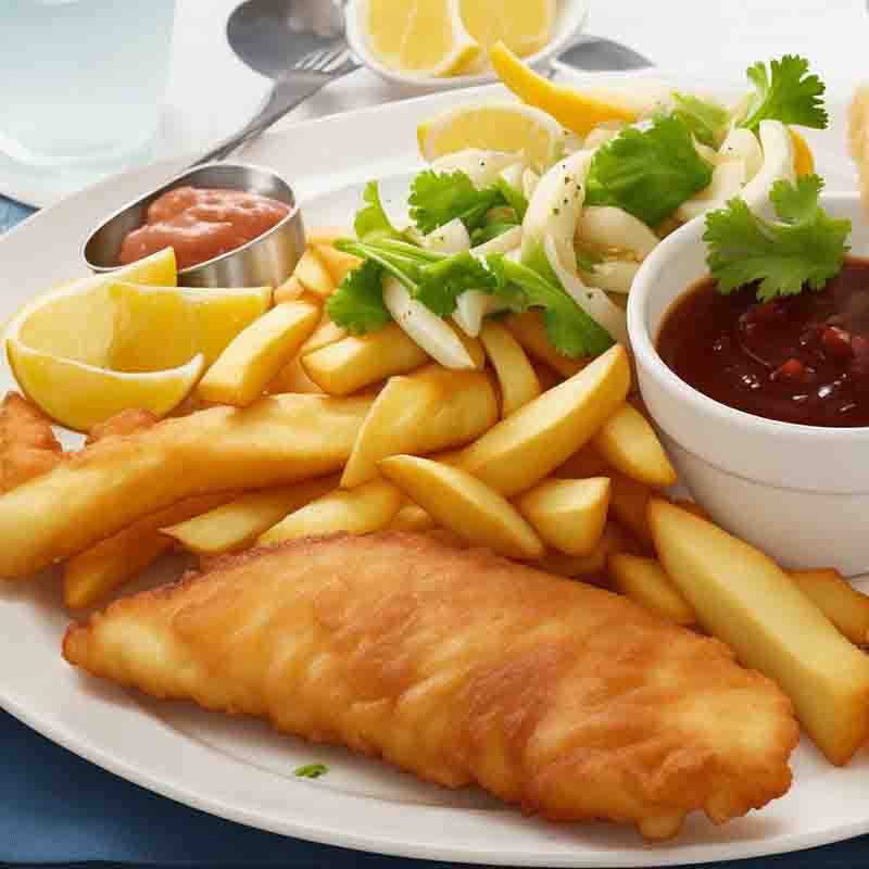 A white plate with a classic dish of fish and chips, featuring crispy battered fish and golden fries.