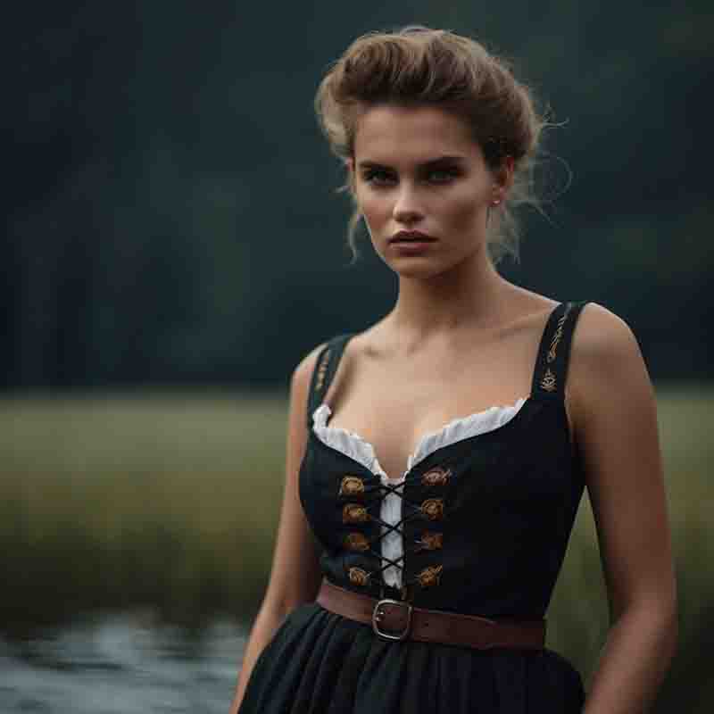 A stunning Bavarian woman in a tradiotional black dress gracefully poses by a serene lake, exuding elegance and beauty.