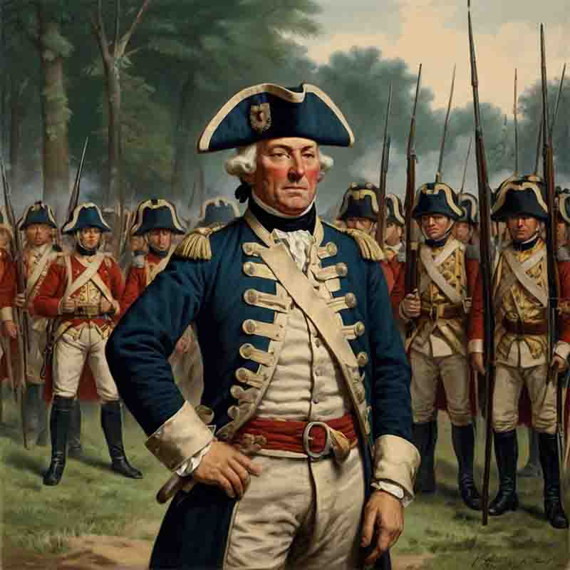 Baron von Steuben and soldiers contributions to the American Revolution depicted in a painting.