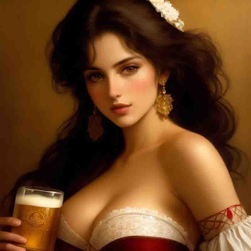 A beautiful sensual woman with ribbon in her hair and golden earrings holding a glas of beer.