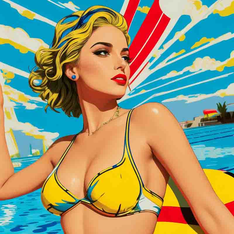 Bewitching blonde woman dressed in yellow bikini against the backdrop of a beautiful vacation scenery with blue sky and blue water.