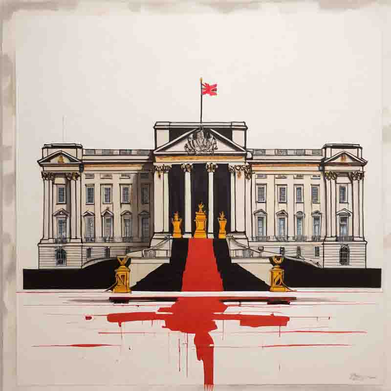 A painting of Buckingham Palace with blood dripping from the steps, depicting a haunting and eerie scene.