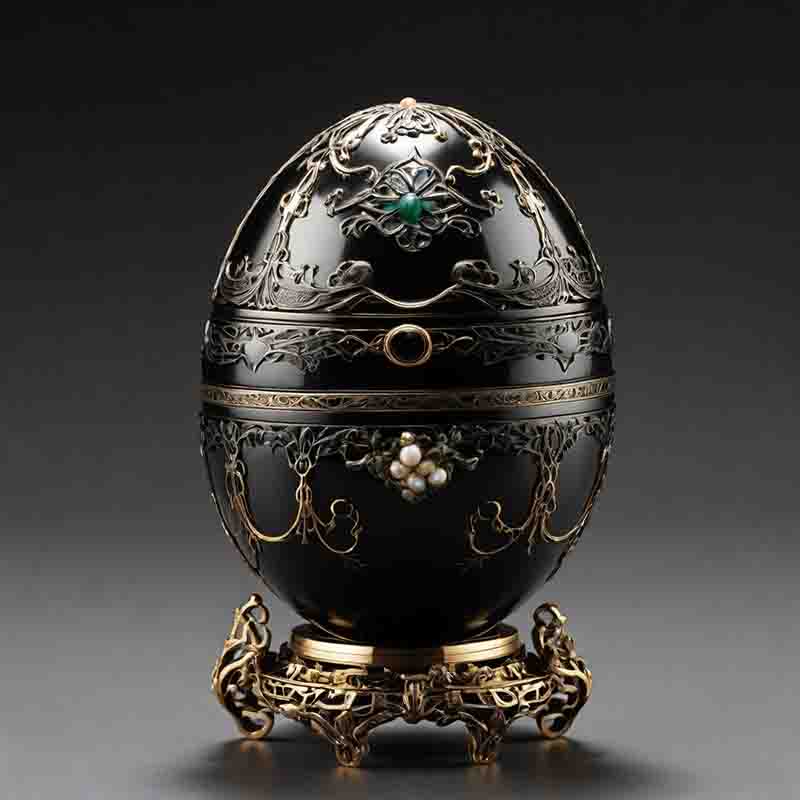 An elegant black Fabergé egg with shiny gold details and a golden base, showcasing intricate craftsmanship..