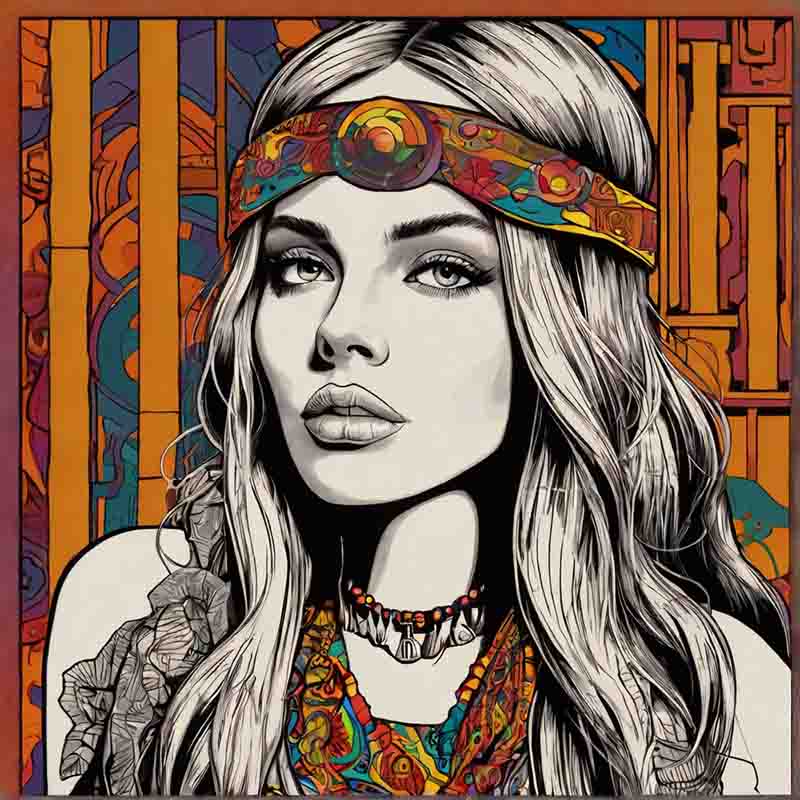 A Hippie woman with long hair and a headband, exuding elegance and style.