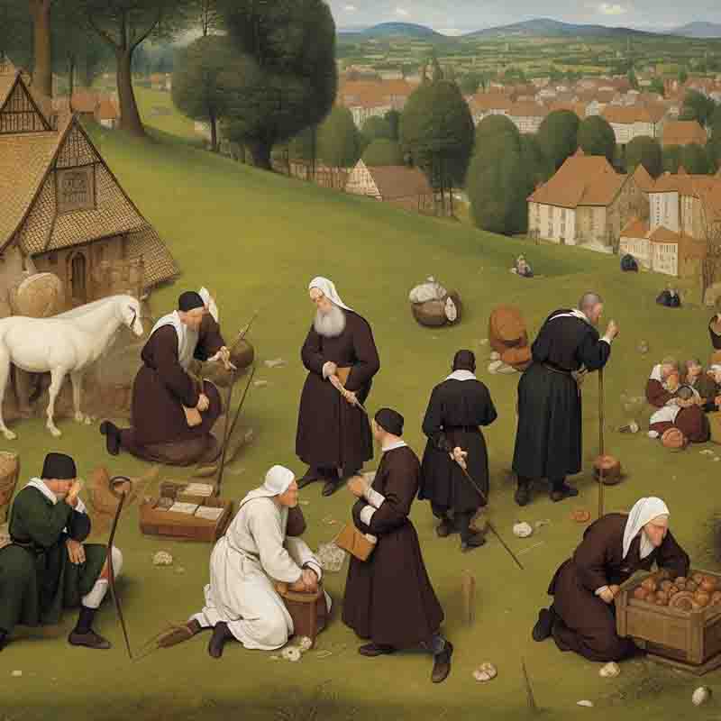 Painting of a group of people dressed in traditional clothing and are engaged in various activities such as farming, cooking and caring for animals. The backdrop is a green landscape with the emerging beer capital Munich.