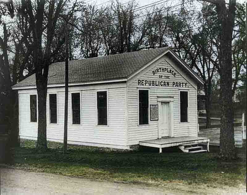 One room schoolhouse with lettering over the front door the Birthplace of the Republican Party