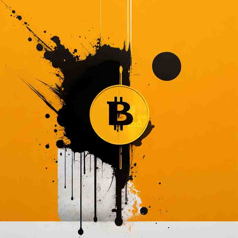 Digital art piece of a Bitcoin coin on a yellow background with black ink splashes. The Bitcoin coin is rendered in a realistic style, with shading and detail.