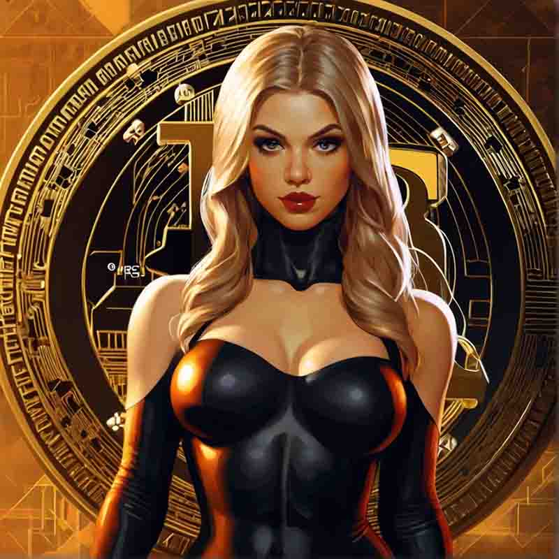 A digital illustration of a blonde woman with blue eyes and red lipstick, wearing a black, form-fitting outfit with a shiny texture. She is centered in front of a large, circular, gold-colored Bitcoin symbol.