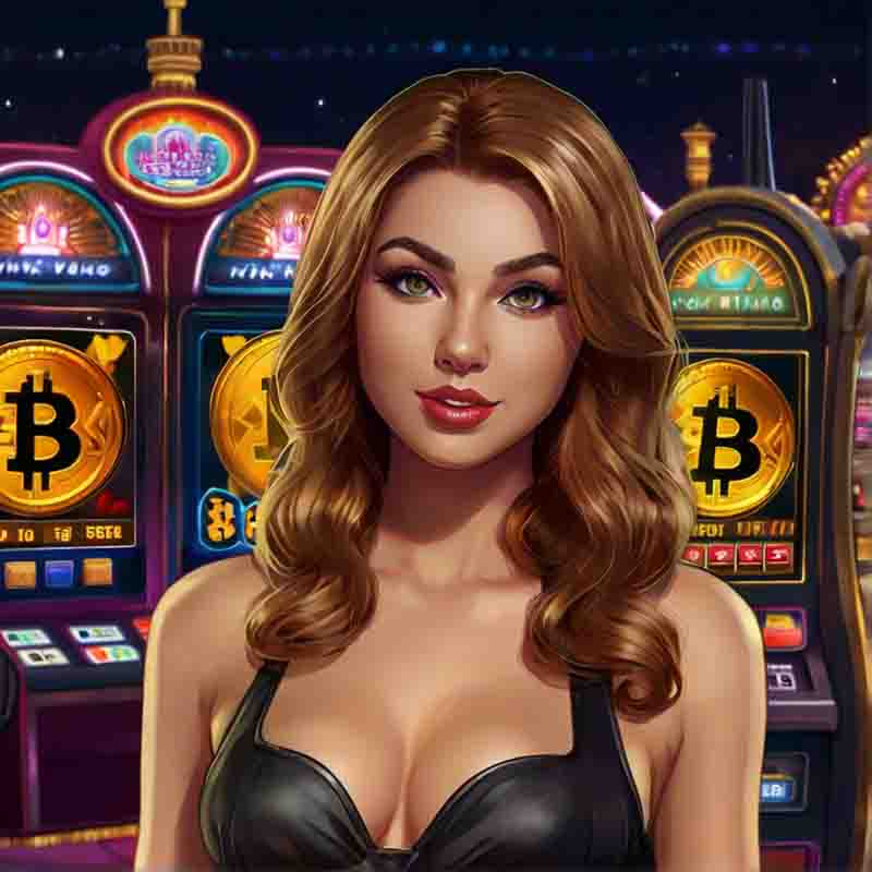 Illustration of a woman with long, wavy brown hair and brown eyes. She is wearing a black, leather-like top. She has red lipstick on and her makeup is done. The background features a brightly lit slot machines with Bitcoin symbols