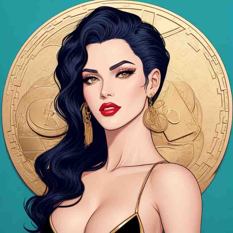 A digital illustration of a blonde woman with blue eyes and red lipstick, wearing a black, form-fitting outfit with a shiny texture. She is centered in front of a large, circular, gold-colored Bitcoin symbol.