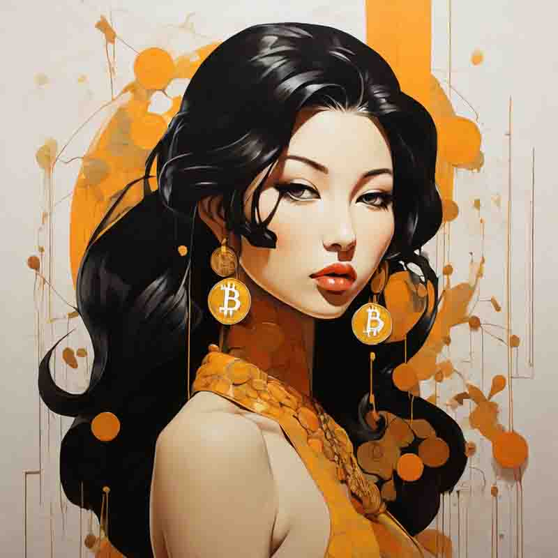Portrait of an Asian woman with flowing black hair and exquisite gold Bitcoin earrings.