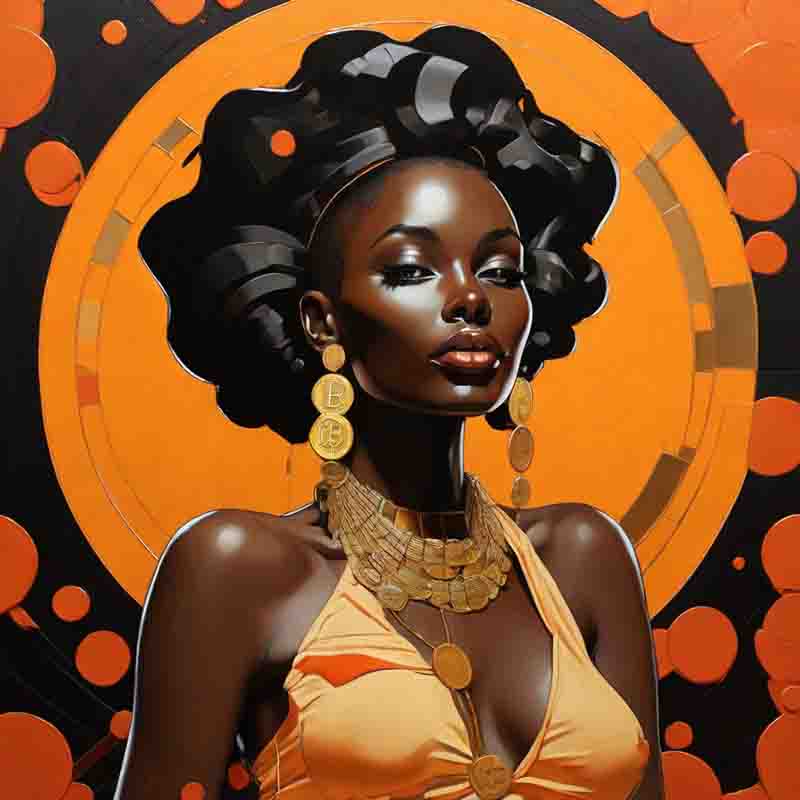 Elegant Bitcoin art piece featuring a black woman in a stunning orange dress.