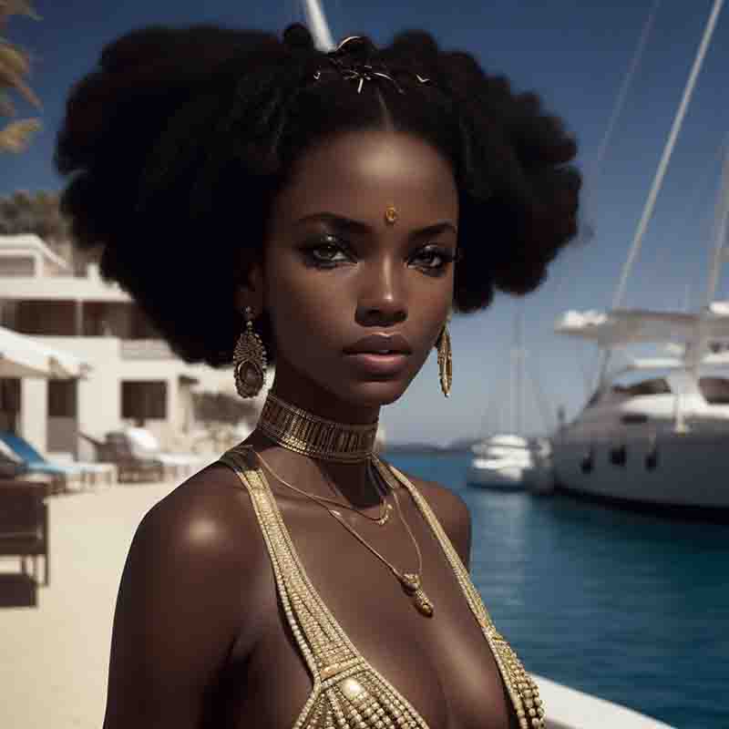 Sensual Woman standing in front of the Ibiza Marin. She is wearing a gold swimsuit, a gold choker necklace, and gold earrings. The location is the Ibiza marina with a yacht in the background.