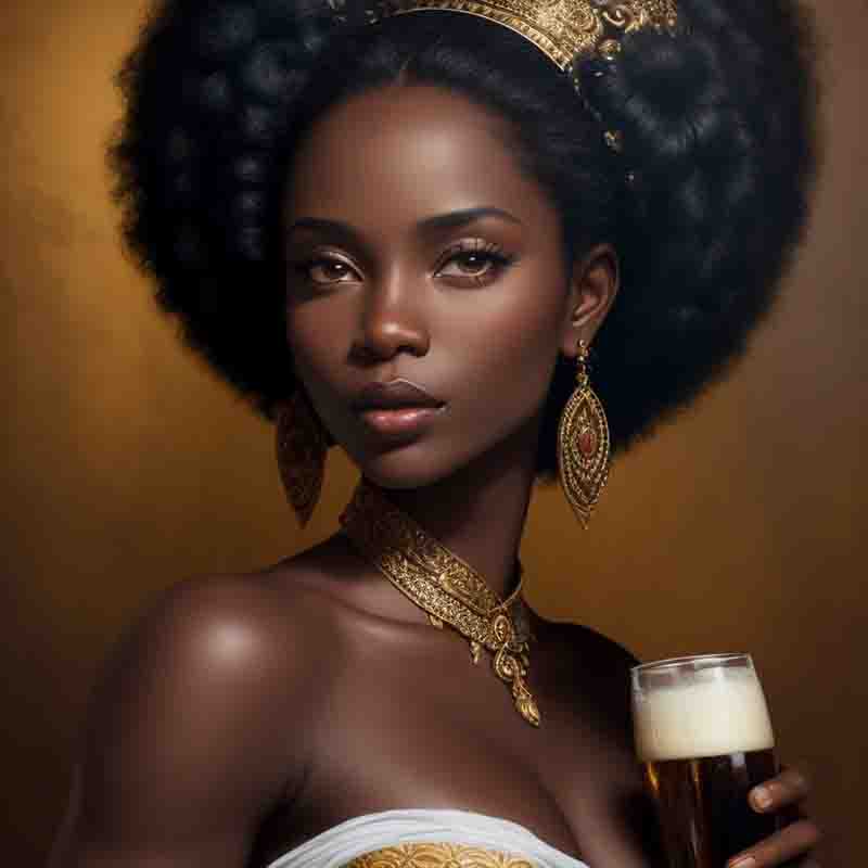 A beautiful sensual black woman in front of a golden brown setting holding a chilled glass of beer in her hand
