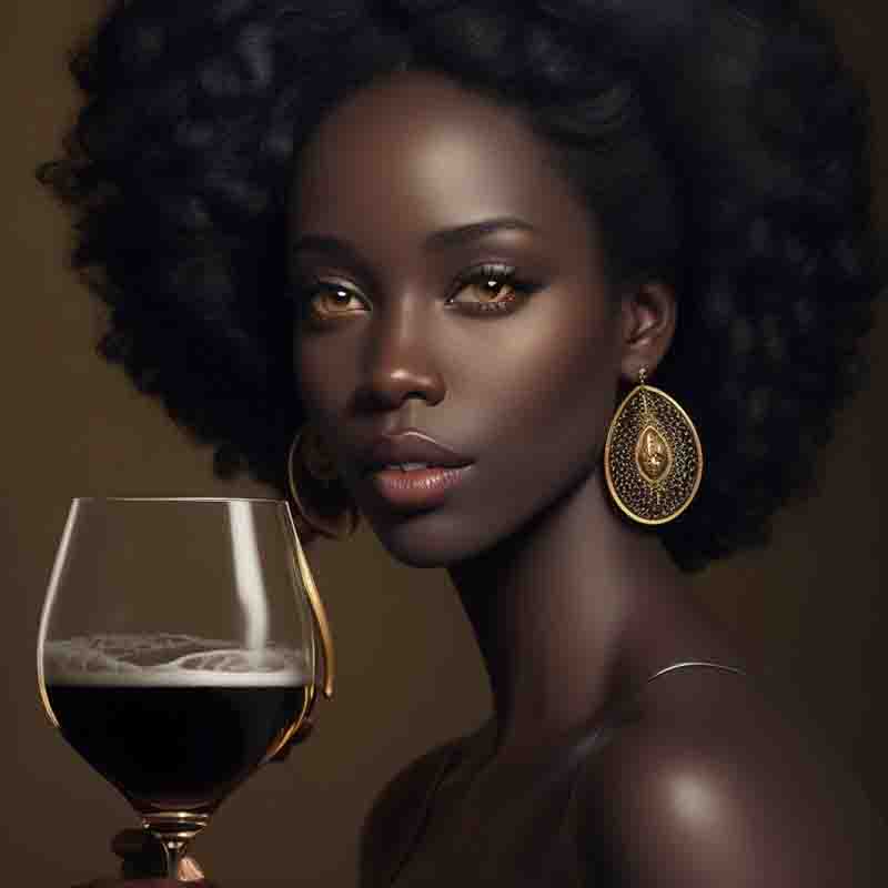 A black woman with dark curly hair, wearing a large gold earring and a strapless top, holding a tulip-shaped glass of dark beer with a white head against a dark brown background.
