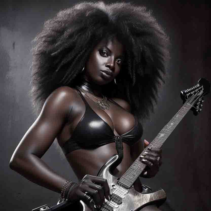 Black Funk Rock Babe in seductive pose with electric guitar